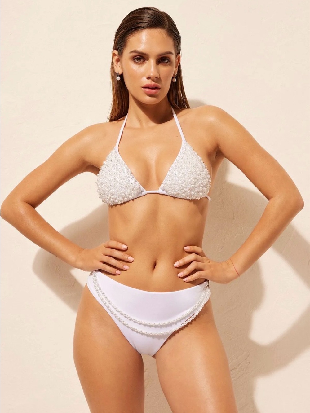 White Pearls Triangle Bikini Top - Women Swim
